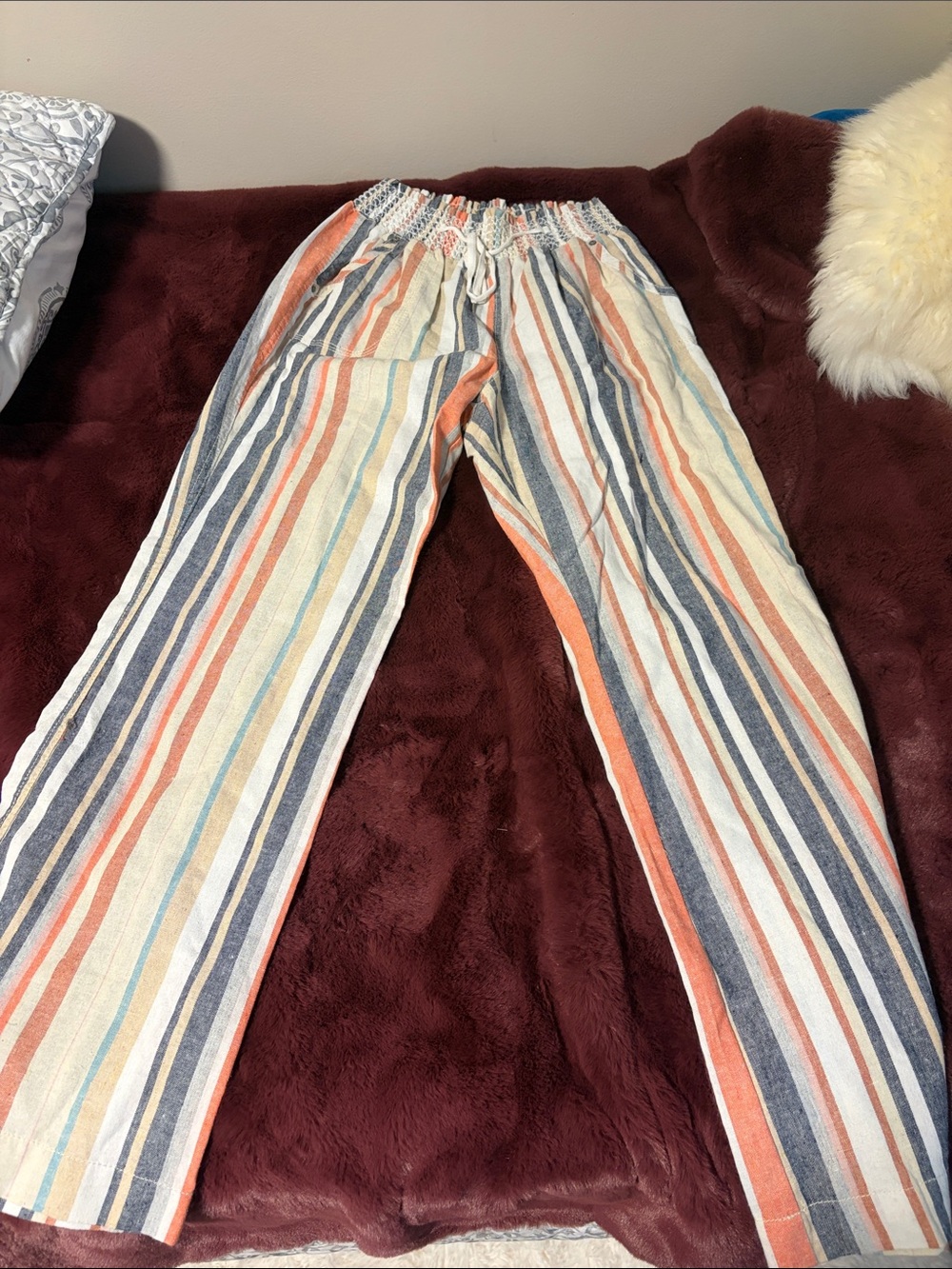 Striped Elastic Waist Casual Pants - Orange, Navy, Cream